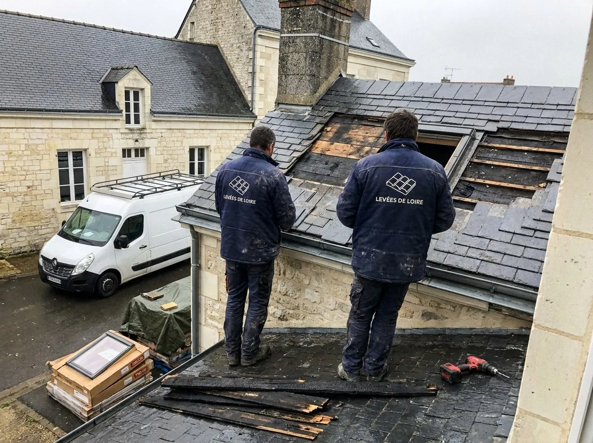 Deux couvreurs des Levées de Loire devant un toit en ardoise en réparation, maisons en tuffeau à Mauges-sur-Loire
