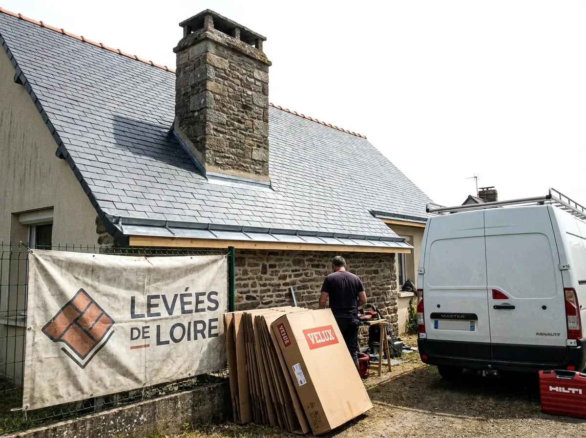 Toiture en ardoise neuve avec faîtage en tuiles et cheminée en pierre, bâche Les Levées de Loire, Mauges-sur-Loire